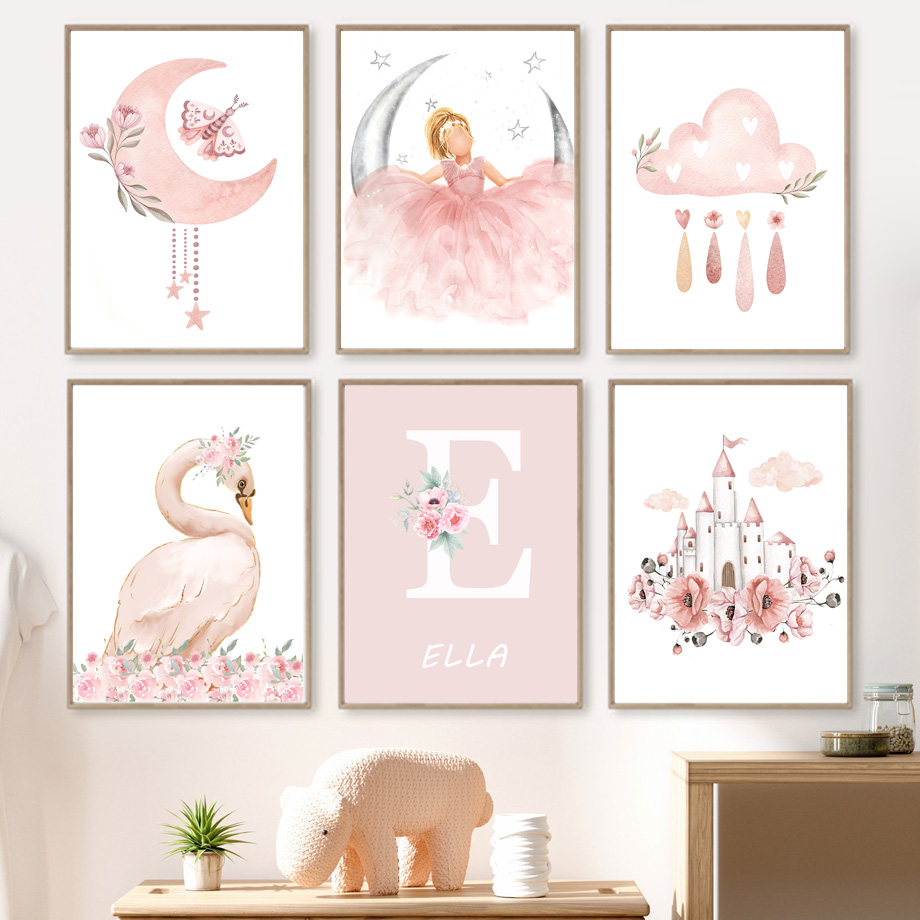 Baby Nursery Posters - Pembe Melek Kız Güneş Ay Bulut