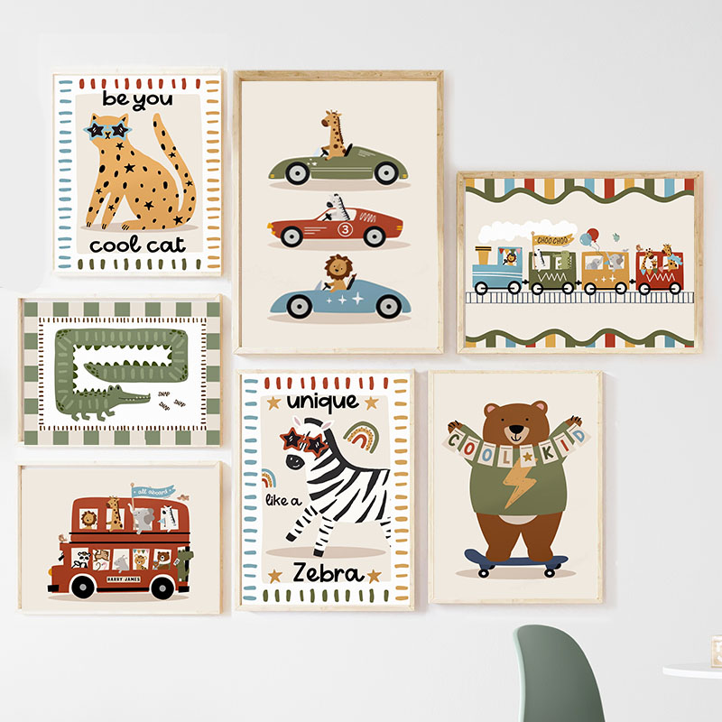 Baby Nursery Posters - Komik Karikatür Hayvanlar Araba Otobüs Kreş