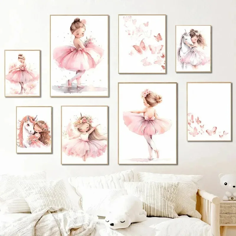 Baby Nursery Posters - Pembe Balerin Kız Unicorn Kelebek Posteri
