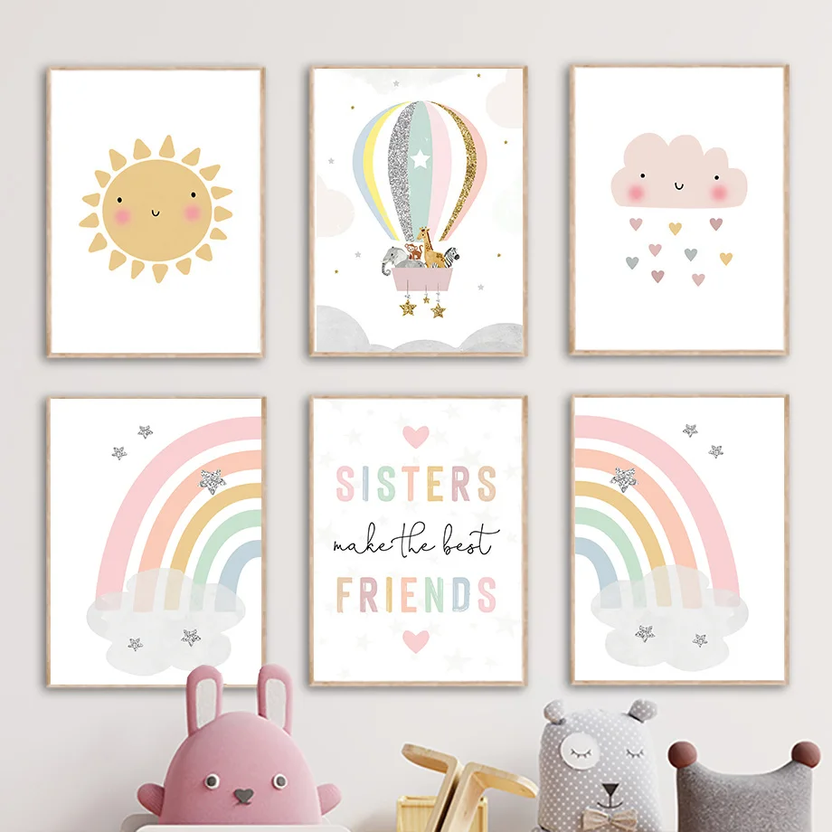 Baby Nursery Posters - Zürafa Fil Sıcak Balon Güneş Gökkuşağı