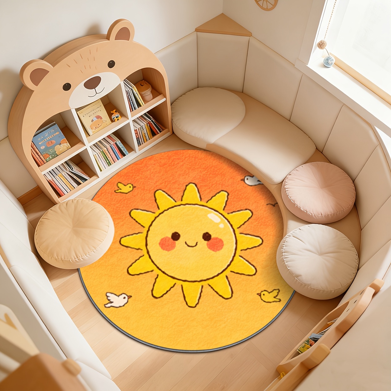 Baby Nursery Carpet - Çocuklar İçin Yuvarlak Güneş Desenli Sarı
