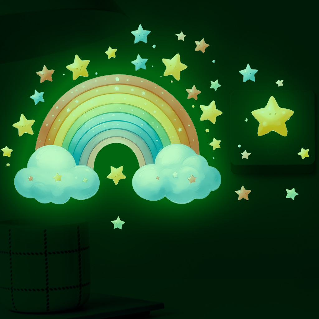 Baby Nursery Diy - Karikatür gökkuşağı aydınlık duvar çıkartmaları karanlıkta