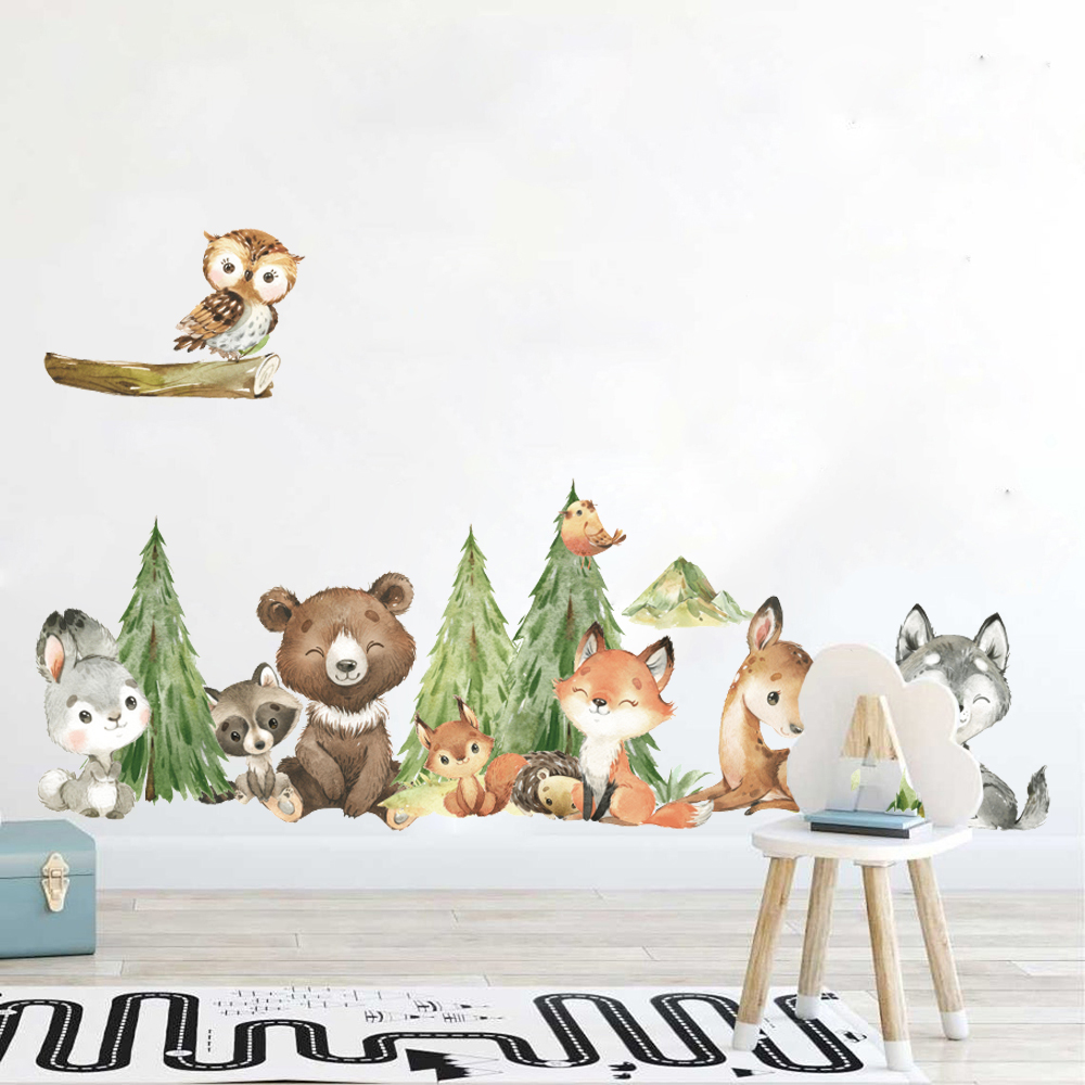 Baby Nursery Products - Karikatür Suluboya Orman Hayvan Duvar Sticker