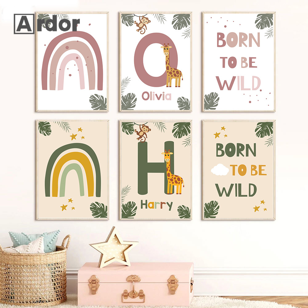Baby Nursery Jungle Animals - Iskandinav Orman Hayvan Posterler Özel Ad