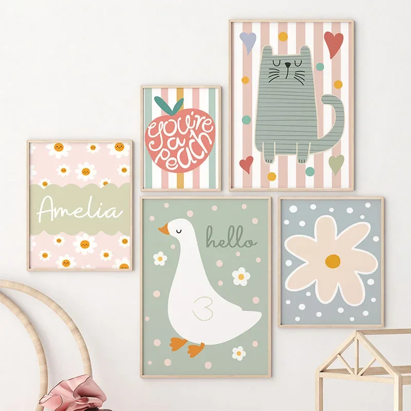 Baby Nursery Posters - Karikatür Kedi Ördek Kuş Elma Özel