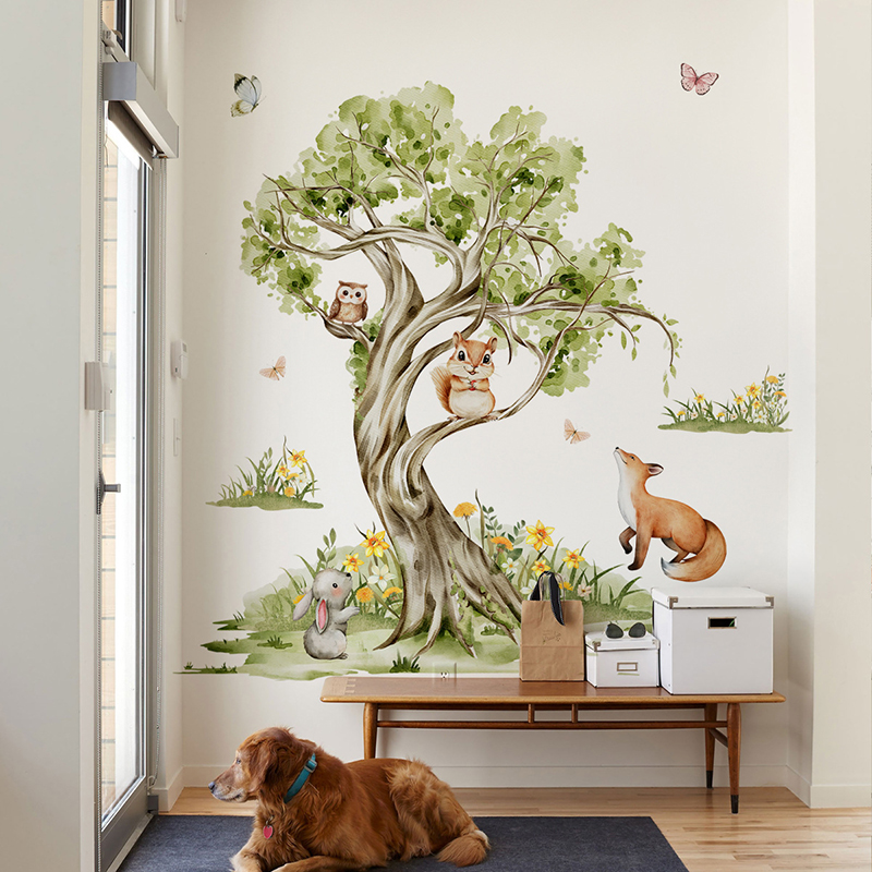 Baby Nursery Jungle Animals - Suluboya Orman Büyük Ağaç Hayvanlar Duvar