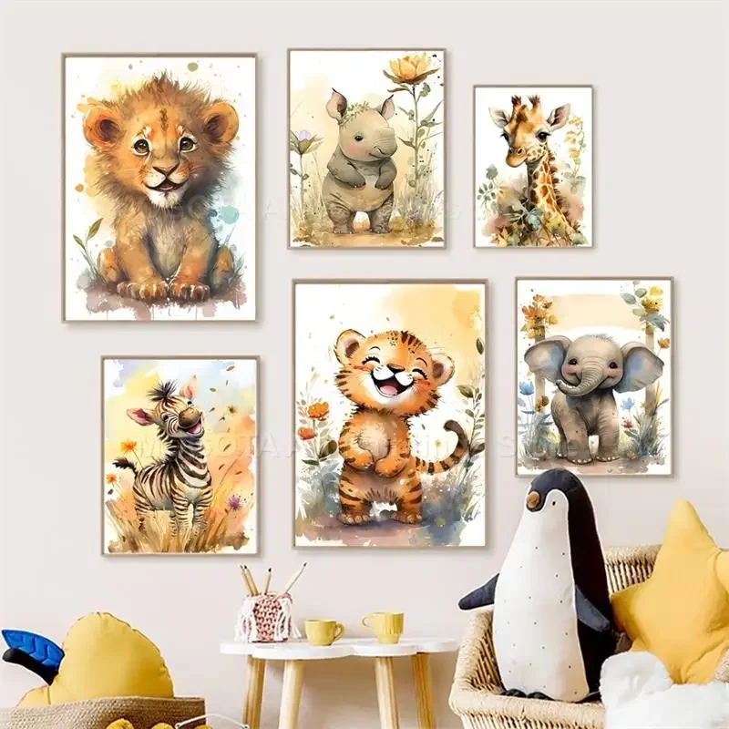 Baby Nursery Posters - Suluboya Aslan Zürafa Kaplan Fil Zebra