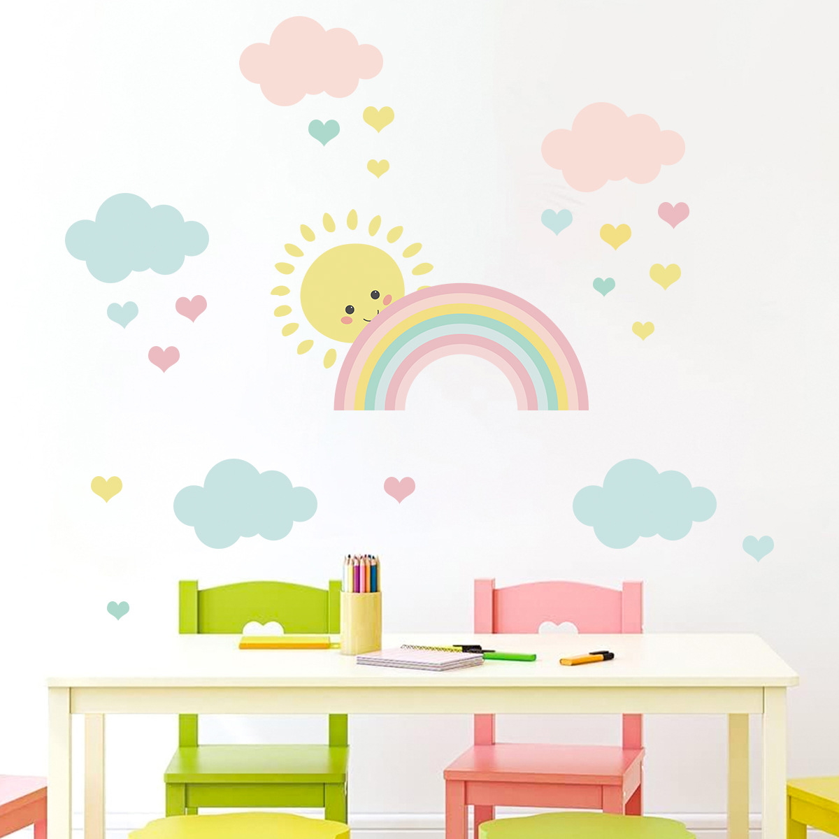 Baby Nursery Posters - Karikatür Güneş Gökkuşağı Bulutlar Duvar Çıkartmaları