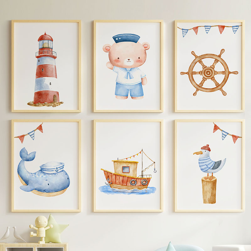 Baby Nursery Posters - Ayı Balina Yelkenli Deniz Feneri Denizcilik