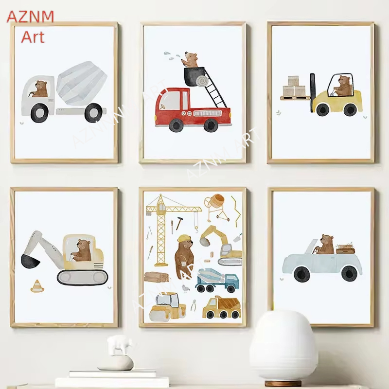 Baby Nursery Posters - Sevimli Boho Ayı Vinç Ekskavatör Traktör