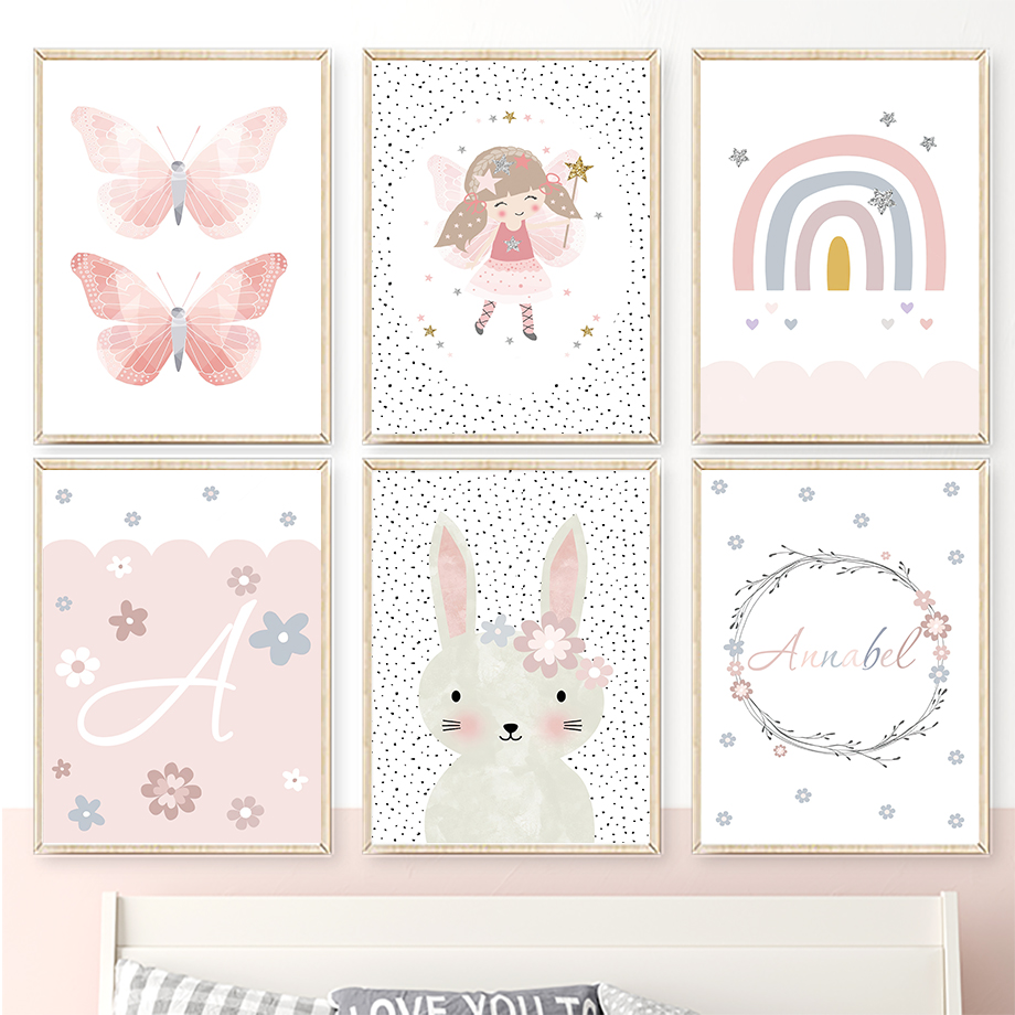 Baby Nursery Posters - Sevimli Kız Tavşan Çiçek Kelebek Gökkuşağı