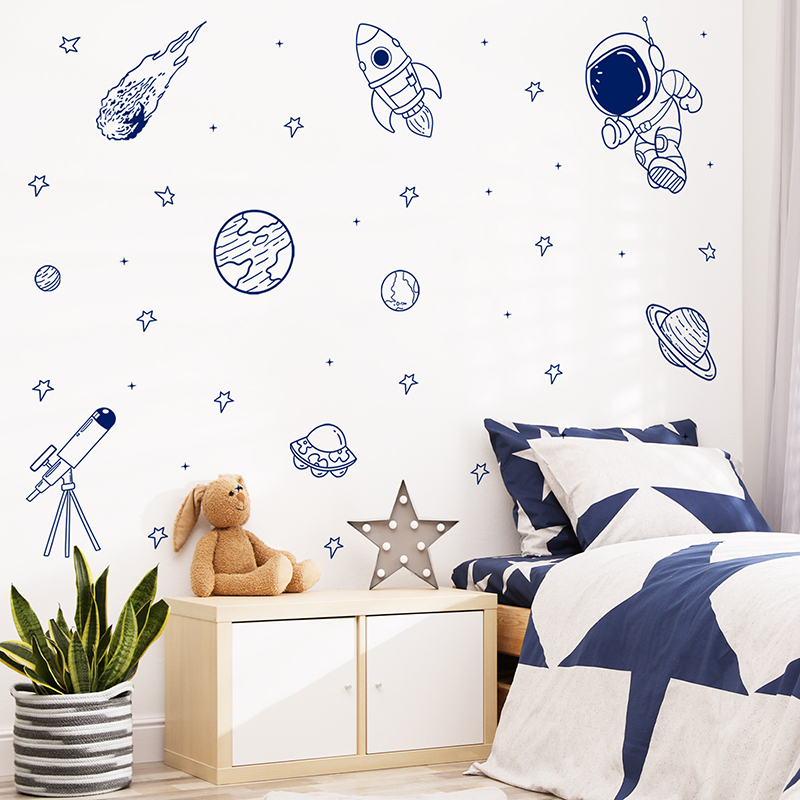 Baby Nursery Products - Karikatür Evren Astronot Gezegen Roket Duvar