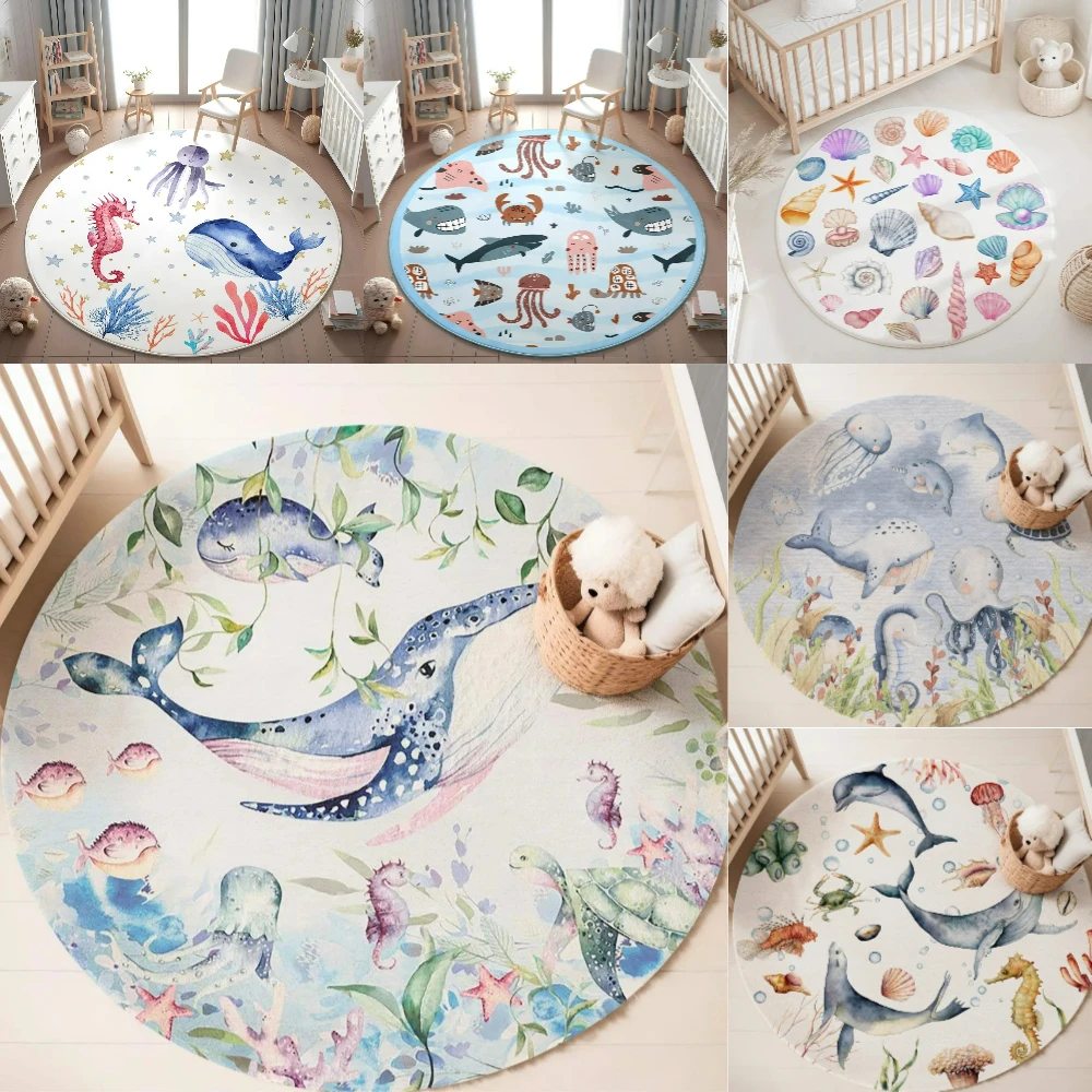 Baby Nursery Carpet - Mavi Deniz Hayvanı Yuvarlak Halı Oturma
